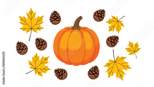 Autumn leaves and pinecones surround a vibrant orange pumpkin on for fall season