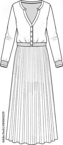 Long sleeve pleated maxi dress technical flat sketch with button front cardigan top detailed CAD fashion design vector illustration template