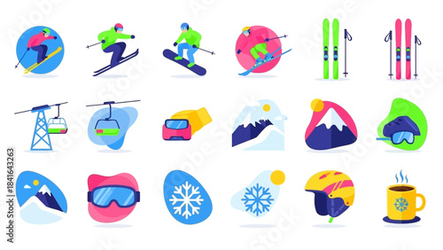 Collection of Winter Sports and Skiing Themed Icons and Illustrations.