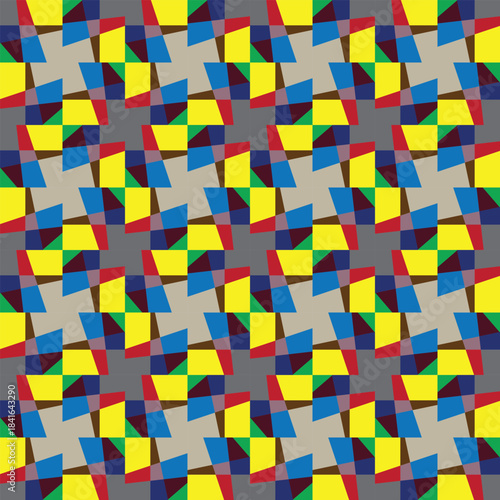 An energetic composition of overlapping blue, yellow, red, and green angular blocks forming a lively and highly rhythmic abstract grid