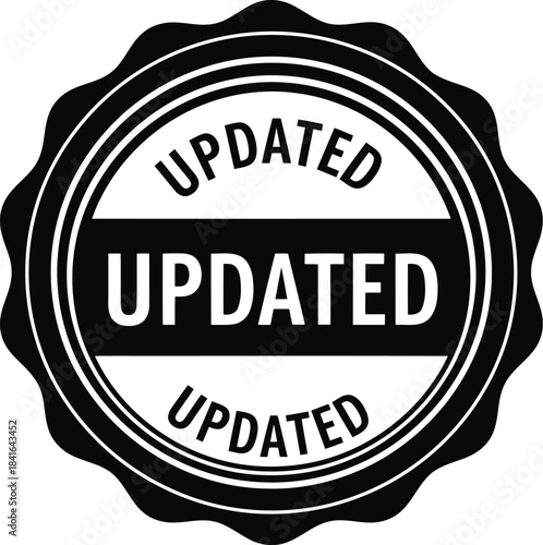 Updated black stamp vector illustration, current version, revision, status change document icon