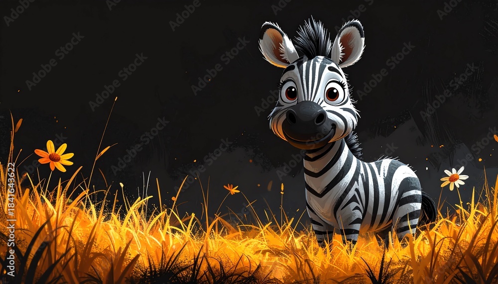 Naklejka premium niedliches Zebra steht vor einem schwarzen Hintergrund mit Platz für eigenen Text