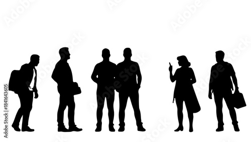 Vector illustration of a diverse group of people in silhouette, showcasing different postures and carrying bags, conveying movement and everyday activities
