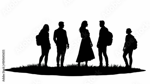 Silhouette vector illustration of a group of diverse people standing on grass, symbolizing community and togetherness