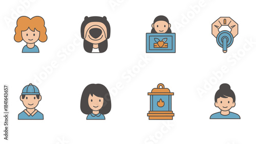 Diverse collection of cartoon avatars and objects representing various people and items.