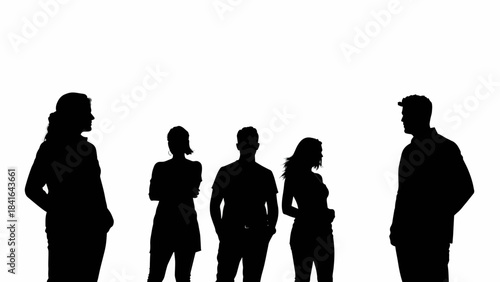 Silhouette vector illustration of a group of five people standing against a white background, showcasing diversity and community