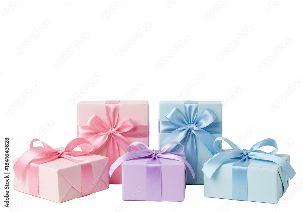Fototapeta premium five elegant pastel gift boxes with satin ribbon bows, meticulously detailed macro shot on a high-key white backdrop with generous negative space, concept for luxury celebration advertising