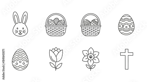 Easter Holiday Celebration Line Art Icons Set.