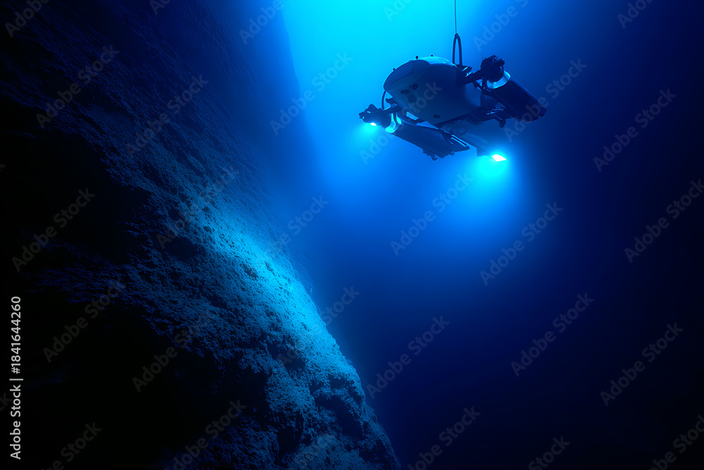 custom made wallpaper toronto digitalSmall research submersible descending into a deep underwater canyon from the edge of a plateau, surrounded by dense darkness, exploration mission