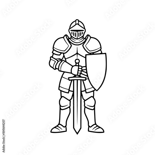 Medieval Knight in Armor Line Art. Cartoon Black and White Vector Icon for Coloring Book, History, Castle, Warrior Mascot, Sword, or Simple Fantasy Design. Generative AI