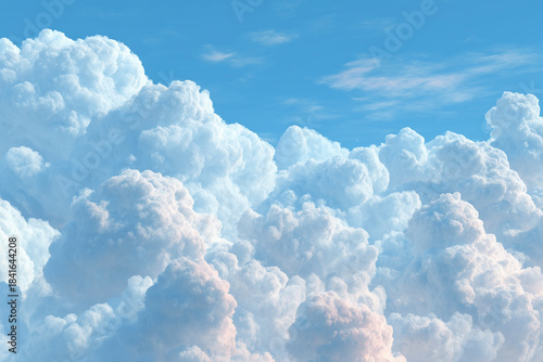 Bright blue sky filled with fluffy white cumulus clouds creating a calm and airy natural atmosphere. Ideal for backgrounds, weather concepts and peaceful nature designs.