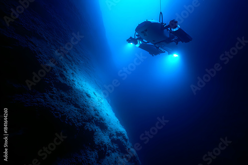 Wallpaper Mural Small research submersible descending into a deep underwater canyon from the edge of a plateau, surrounded by dense darkness, exploration mission Torontodigital.ca