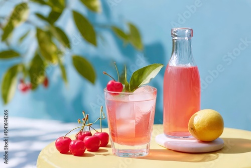 Chilled pink lemonade with cherries and ice on yellow table in sunny outdoor setting
