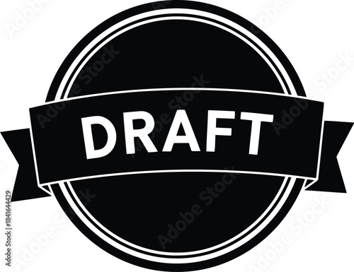 Draft ribbon stamp, black temporary document label, initial version, in progress, unapproved copy icon