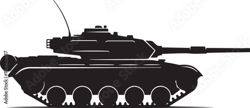 Black military tank silhouette vector illustration on transparent background showing a heavy armored vehicle with gun barrel for army war battle and defense combat concept
