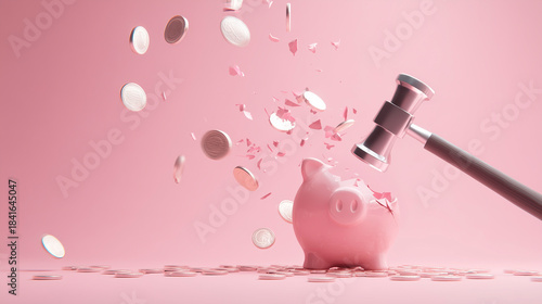 A hammer smashes a pink piggy bank with coins flying, concept of financial crisis and loss of savings