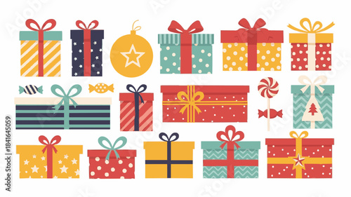 A vibrant collection of holiday gifts and candies with geometric patterns, bows, and festive elements, bringing color and cheer to your holiday celebrations
