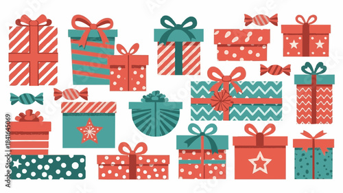 A collection of colorful gift boxes adorned with fun patterns and holiday details, adding a cheerful and festive touch to your holiday season full of warmth and happiness