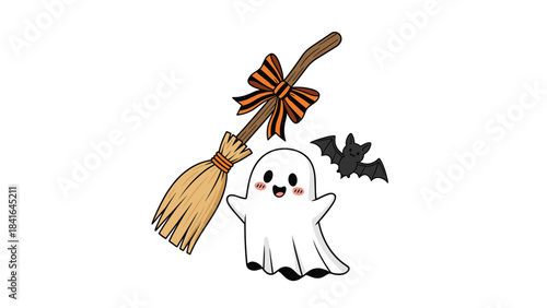 A cute cartoon ghost holding a broom with a bow and a bat on a for halloween designs and decorations