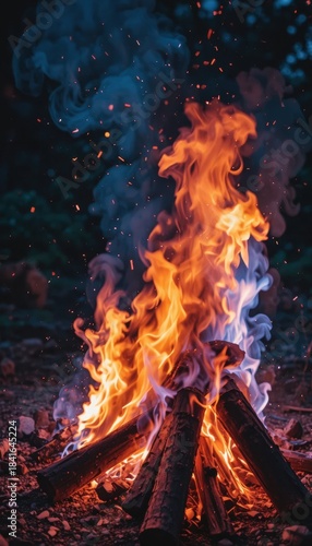 A vibrant campfire crackles with colorful flames and sparks, illuminating the dark surroundings and creating a warm, inviting atmosphere.
