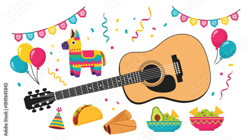 Colorful illustration of a guitar surrounded by festive party items and mexican food for celebration