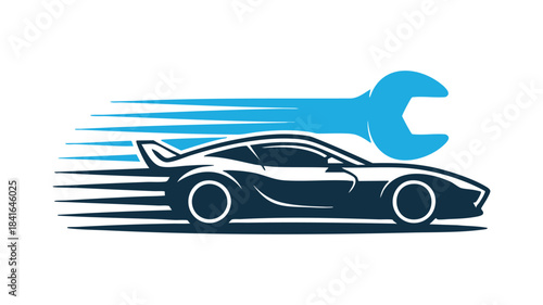 A high-speed automotive repair and tuning logo featuring a stylized sports car and wrench