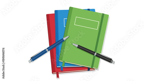 Colorful notebooks and pens on top of each other for office or school supplies