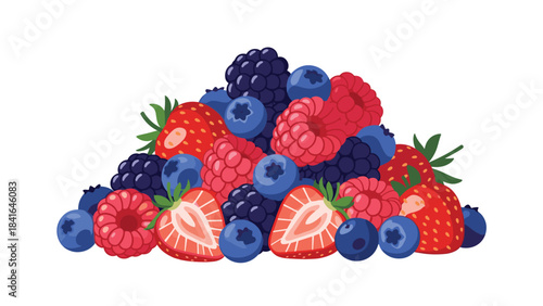 A vibrant pile of fresh mixed berries including strawberries blueberries raspberries and blackberries
