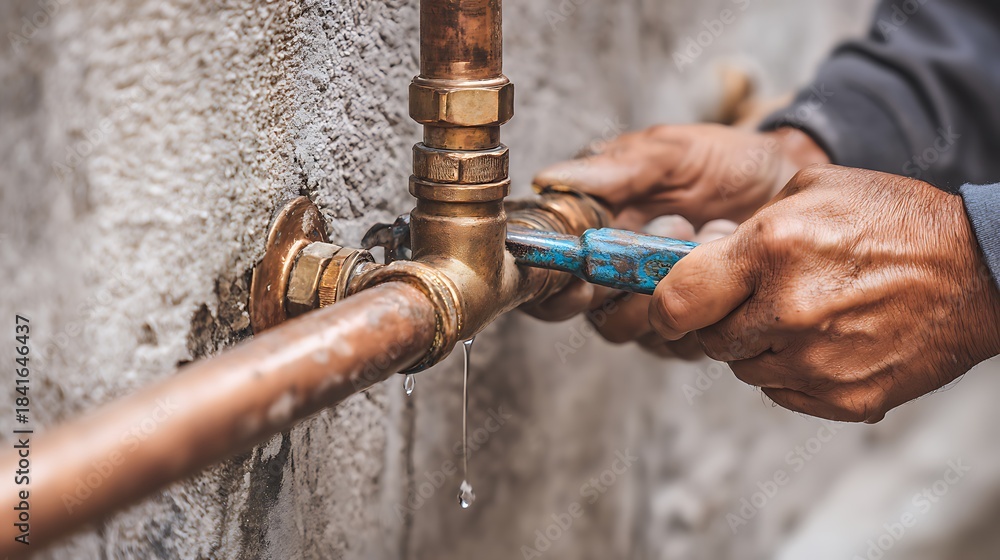 Fototapeta premium High quality image of plumber's hands fixing a leaking brass pipe connection on an exterior wall with dripping water.