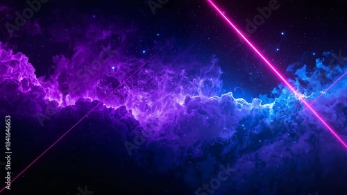 Vibrant cosmic clouds with swirling purple and blue hues illuminated by bright neon light beams creating a captivating visual journey through a celestial space environment