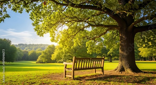 Fototapeta Naklejka Na Ścianę i Meble -  A sunlit park scene features a wooden bench under a large, leafy tree. A verdant lawn stretches into the distance