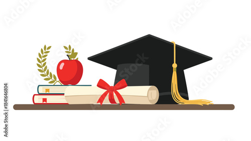 Graduation cap and diploma icon with books and laurel on shelf for education concept