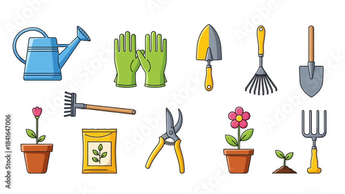 Gardening Tools and Plants Collection for Outdoor Activities.