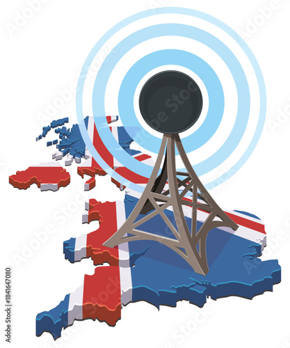 UK map (Union Jack flag colors) with a communication tower emitting signal waves. Concept for global network, broadcasting, or data connectivity in Britain. (cut out)