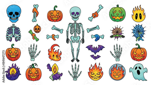Halloween themed cartoon illustrations featuring skeletons pumpkins and spooky elements.