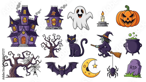 Halloween Spooky Elements Collection Haunted House Ghost Pumpkin Witch Bat Cat Spider.