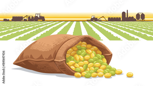 A brown bag overflowing with green and yellow peas on a white surface with a farm landscape in the background with tractors and a city skyline