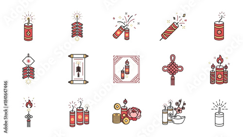 Hand drawn firecrackers and festive Chinese New Year celebration items.