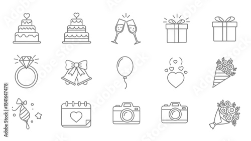 Hand drawn wedding and celebration icons set in doodle style.