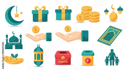 Islamic Charity and Giving Icons Collection.