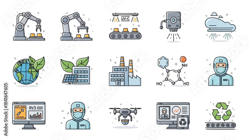 Industrial Technology and Environmental Solutions Icons Set.