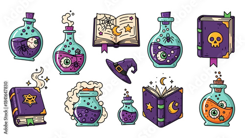 Magical Potion Bottles and Spellbooks Collection.