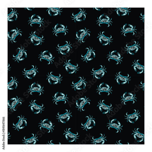 Crab seamless pattern with marine crustaceans on black background