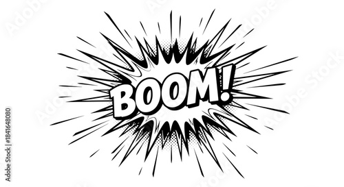Monochrome vector illustration of a starburst comic explosion with the onomatopoeia word BOOM!.