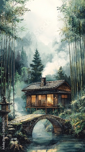 Ink painting style of a cabin in the forest