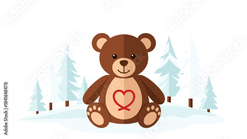 A brown teddy bear with a red heart on its chest sitting in a forest with trees in the background
