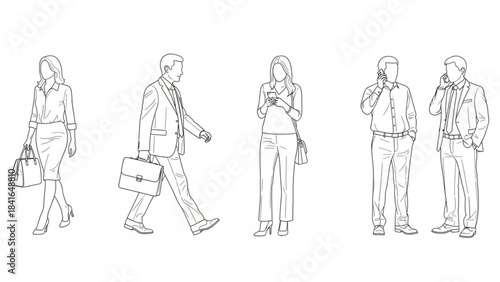 Line drawings of business people walking and talking on phones in various poses