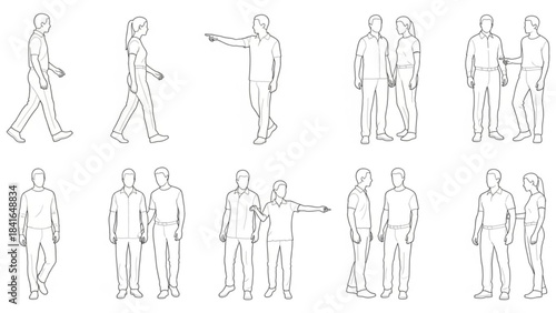 Collection of various human poses and gestures in line art style