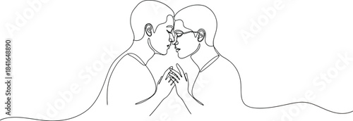 Minimalist continuous line art drawing of two men about to kiss framed by a soft heart shape