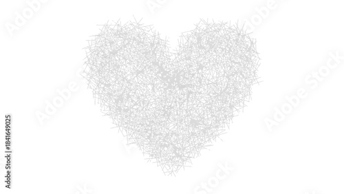 Abstract heart shape formed by a dense chaotic tangle of thin intersecting gray lines on white